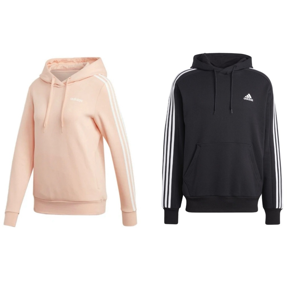 Two Adidas Essentials 3-Stripe Pullover Hoodies Black & Pink Medium